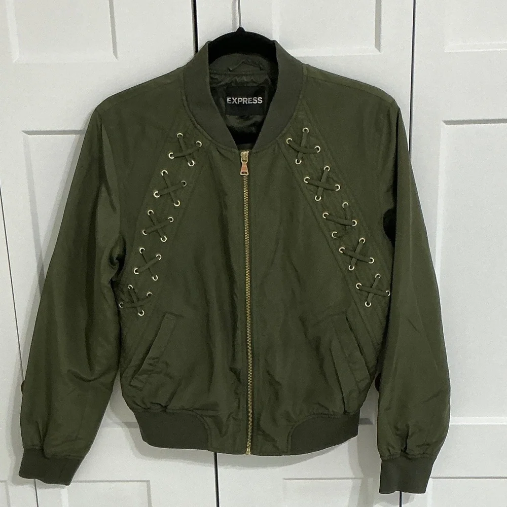 Express Olive Green Lace Up Bomber Jacket Size Small Utility Chic - Picture 1 of 8